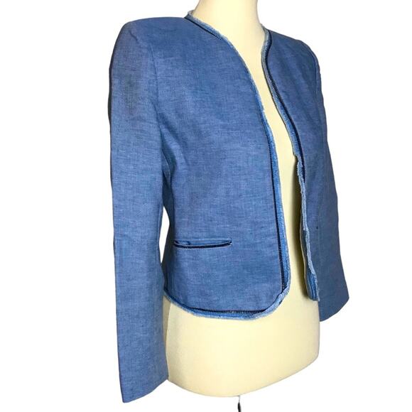 Sandro Chambray Open Front Raw Edge Blue Linen Cotton Blazer Coat Jacket Size 36 - Picture 4 of 11